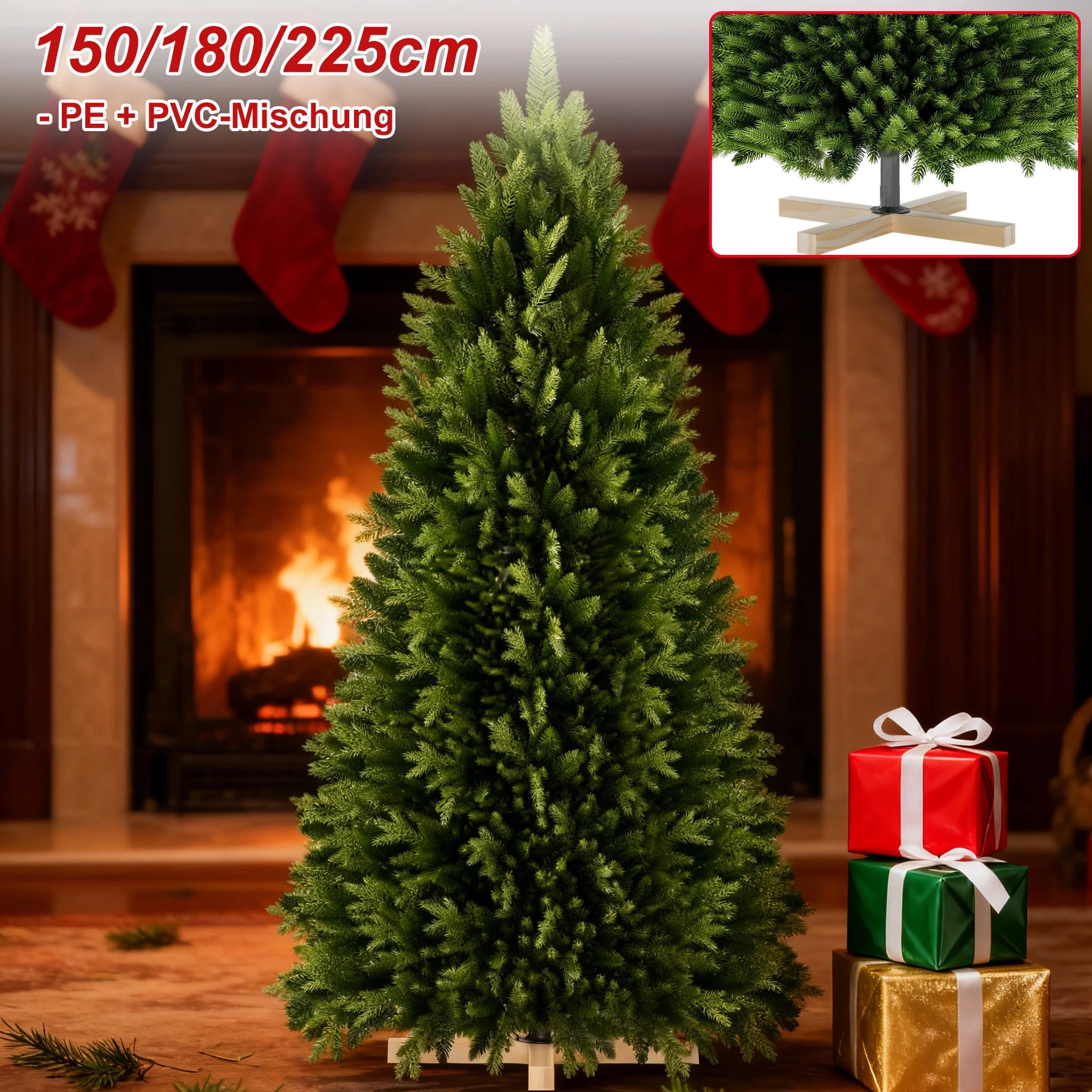 Albero di Natale artificiale di alta qualità, disponibile nelle misure 150/180/225 cm, con rami verdi e realistici realizzati in PE e PVC, riutilizzabile, dotato di robusto supporto in legno – ideale