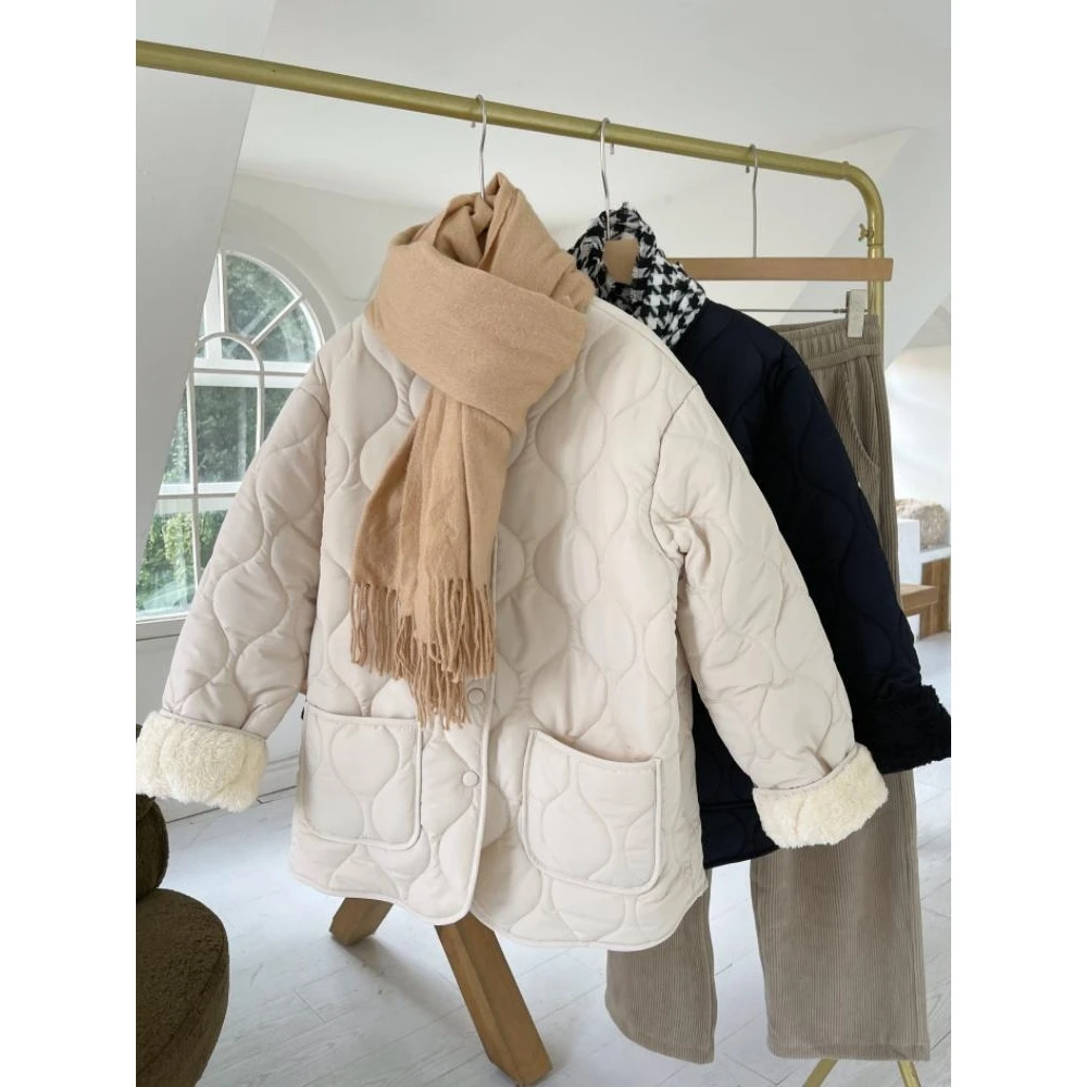 

Теплая легкая зимняя одежда из овечьего меха с бриллиантами, свободная хлопковая куртка, женское милое темно-синее пальто с воротником