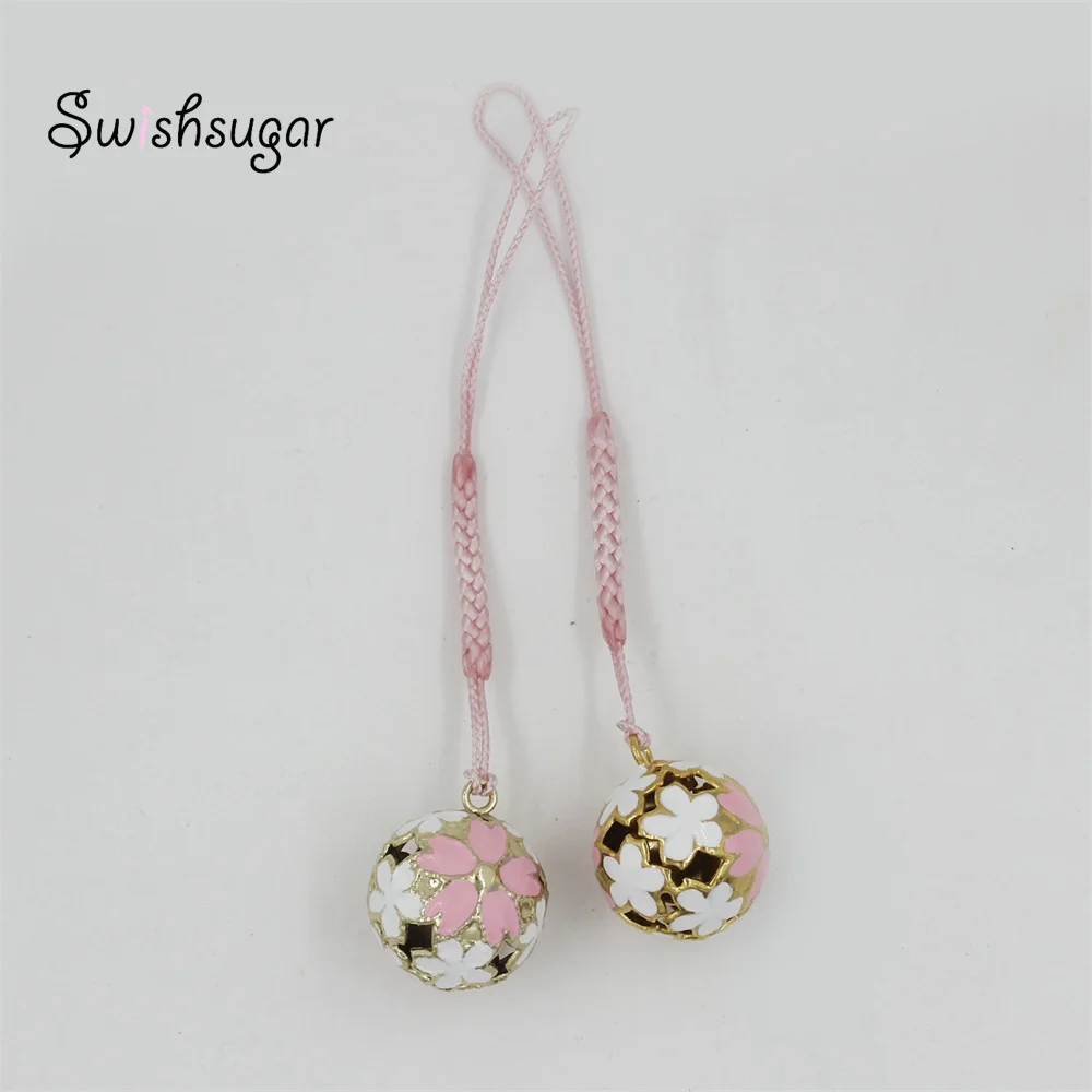 Hollow Japanese Temple Sakura Flower Jingle Bell Charm Pendant With Rope Jewelry Craft Accessories Decor