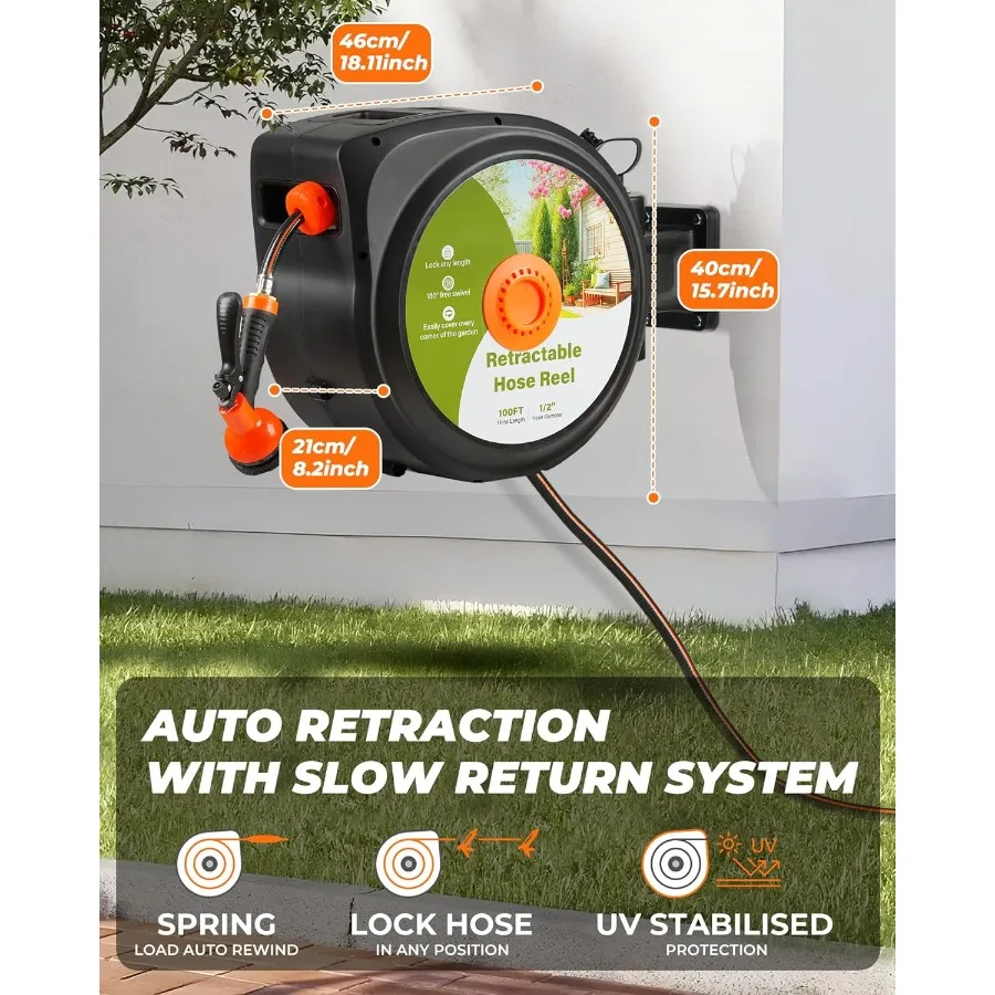 자동 감김식 정원 호스 릴 100피트 x 1/2인치 초강력 자동 벽걸이형 물 호스 릴 (야외용, 길이 조절 가능)