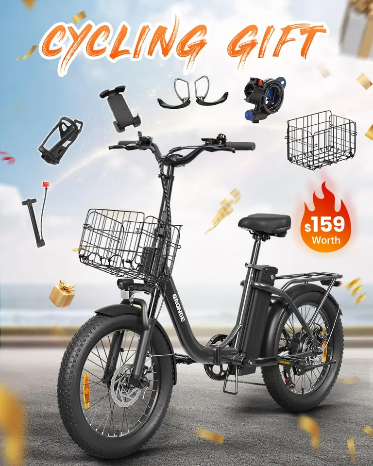 QRONGE Mirage Electric Bike 1000W Peak Folding Electric Bicycle 486Wh 70 Miles Range Ebike 7 Speed 25 MPH Max 20" Step-Thru Bicycle With Front Basket Waterproof Removable Battery image 11