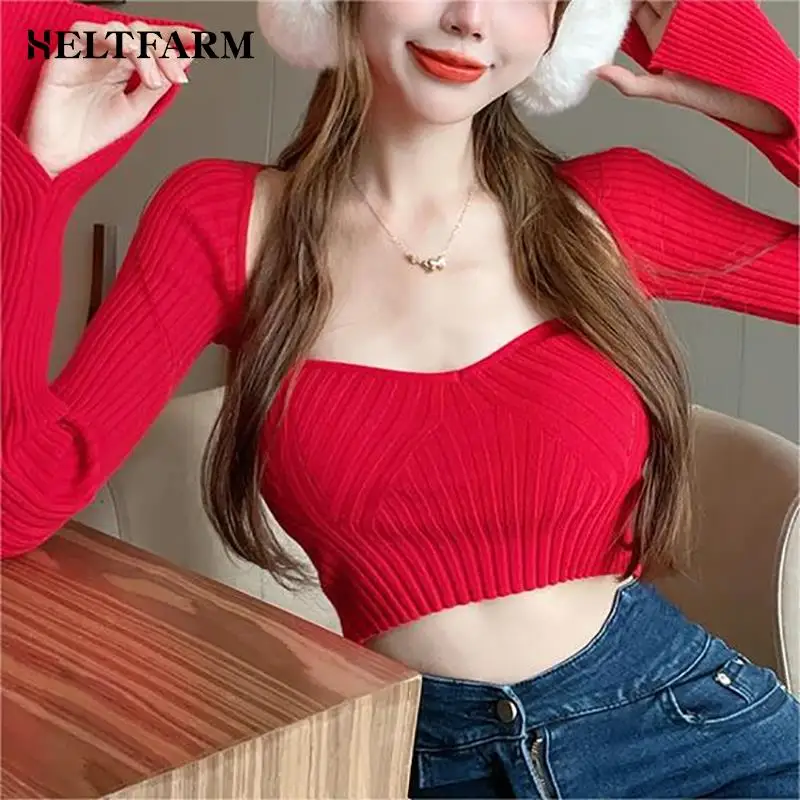 Autumn Winter Women Sexy Red Square Neck Long Sleeve Slim Short Knitted Sweater