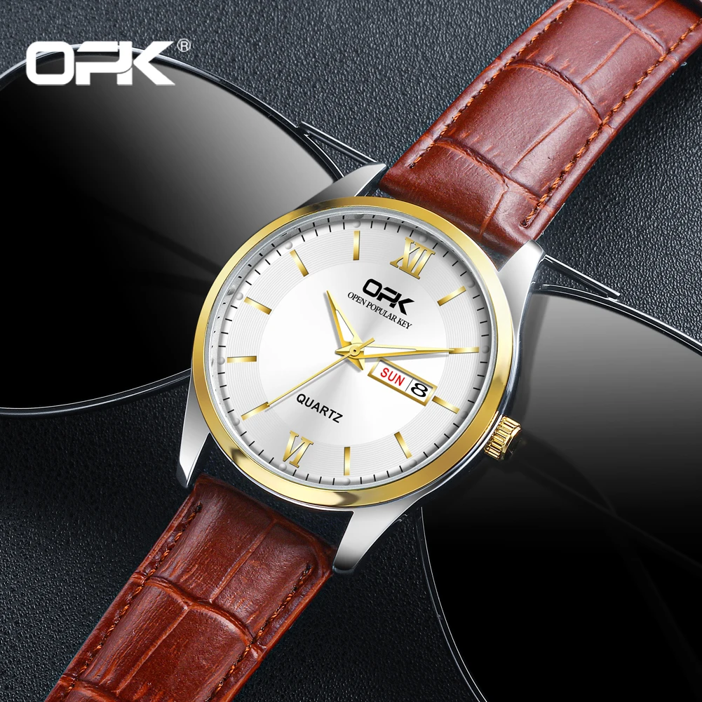 ساعة مضيئة بسيطة للرجال OPK ، حزام العلامة التجارية ، تقويم مزدوج ، زوجين ،