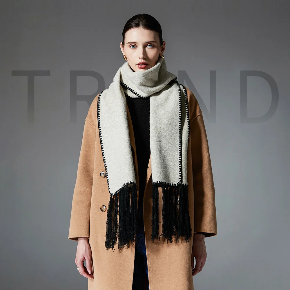 

double-sided woolen seam flow solid color tassel scarf mid-to-high-end autumn and winter 2025 new