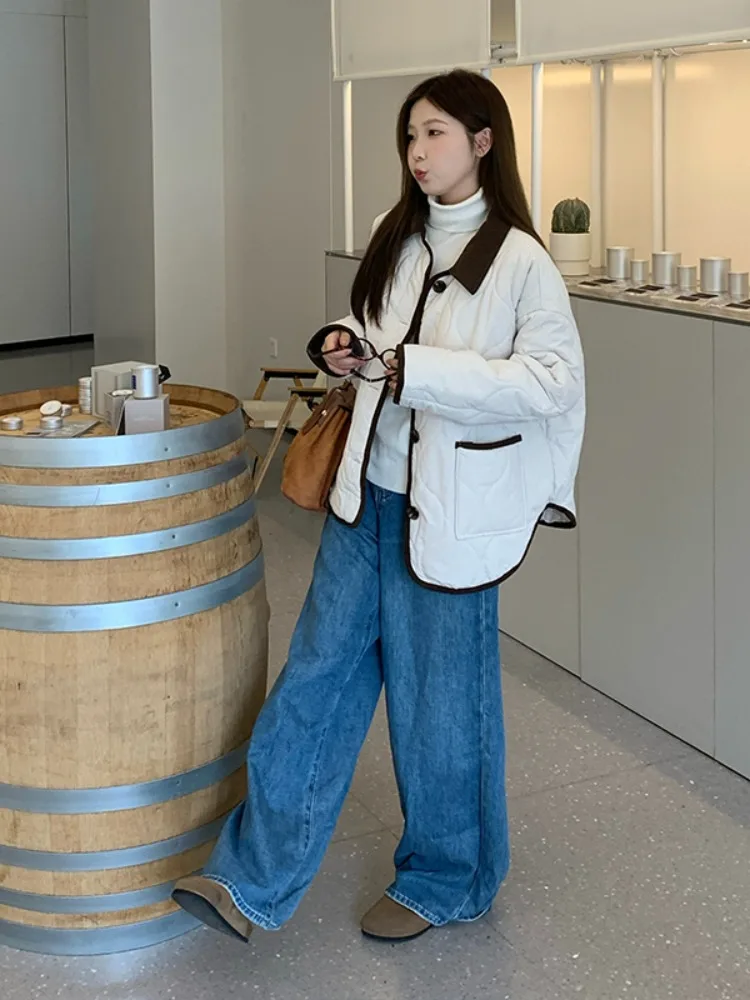 

plus Size Warm Cotton Jacket Korean Style Collar Flip Color Block Loose Women's Outerwear Spring Autumn New Arrival