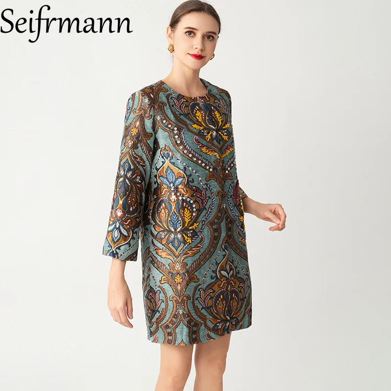 Seifrmann 2026 Autumn Fashion Women's New Style Round Neck Long Sleeve Windbreaker Spliced ​​Beaded Jacquard Windbreaker