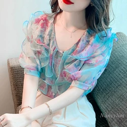 Elegant Ruffled Short Sleeves Chiffon Shirt Women's 2022 Summer New Design Floral Top Ladies Sweet Flower Blusas