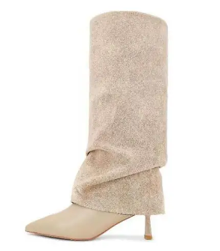 

Apricot Black Burgundy Solid Leather Pointed Toe Pleated Stiletto Heel Tube Slip On Knee High Boots Women Concise Long Boots