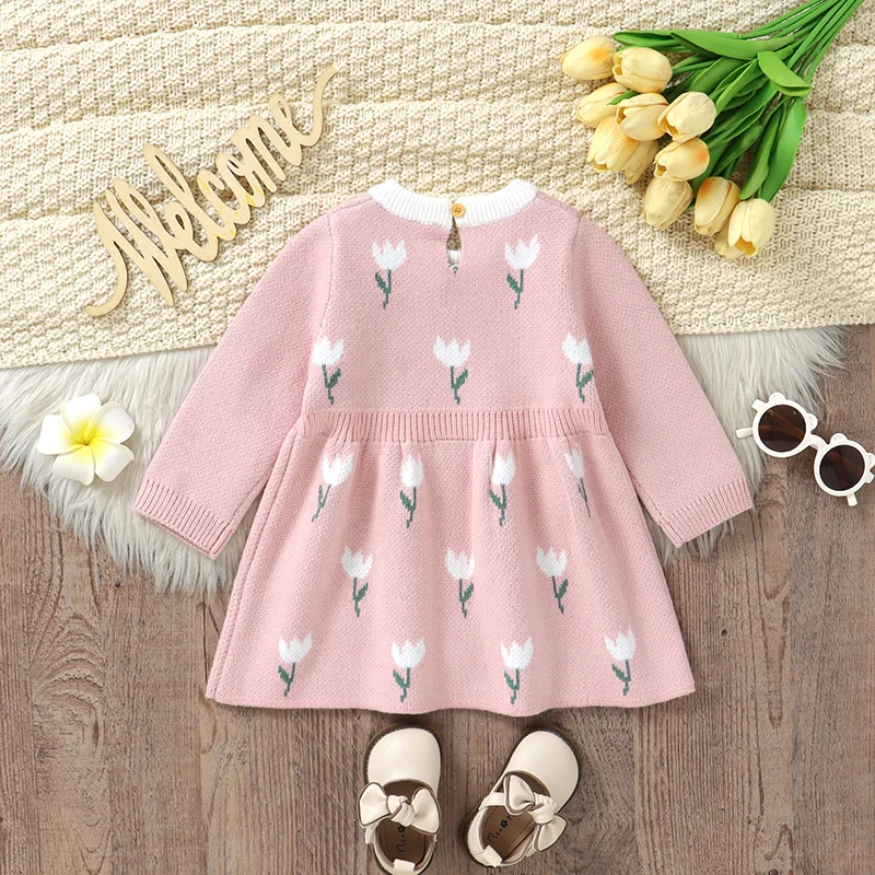 Autumn Baby Sweater Dress Knit Infant Girl Skirt Fashion Cute Tulip Children Clothing Long Sleeve Warm Princess Dresses Overalls