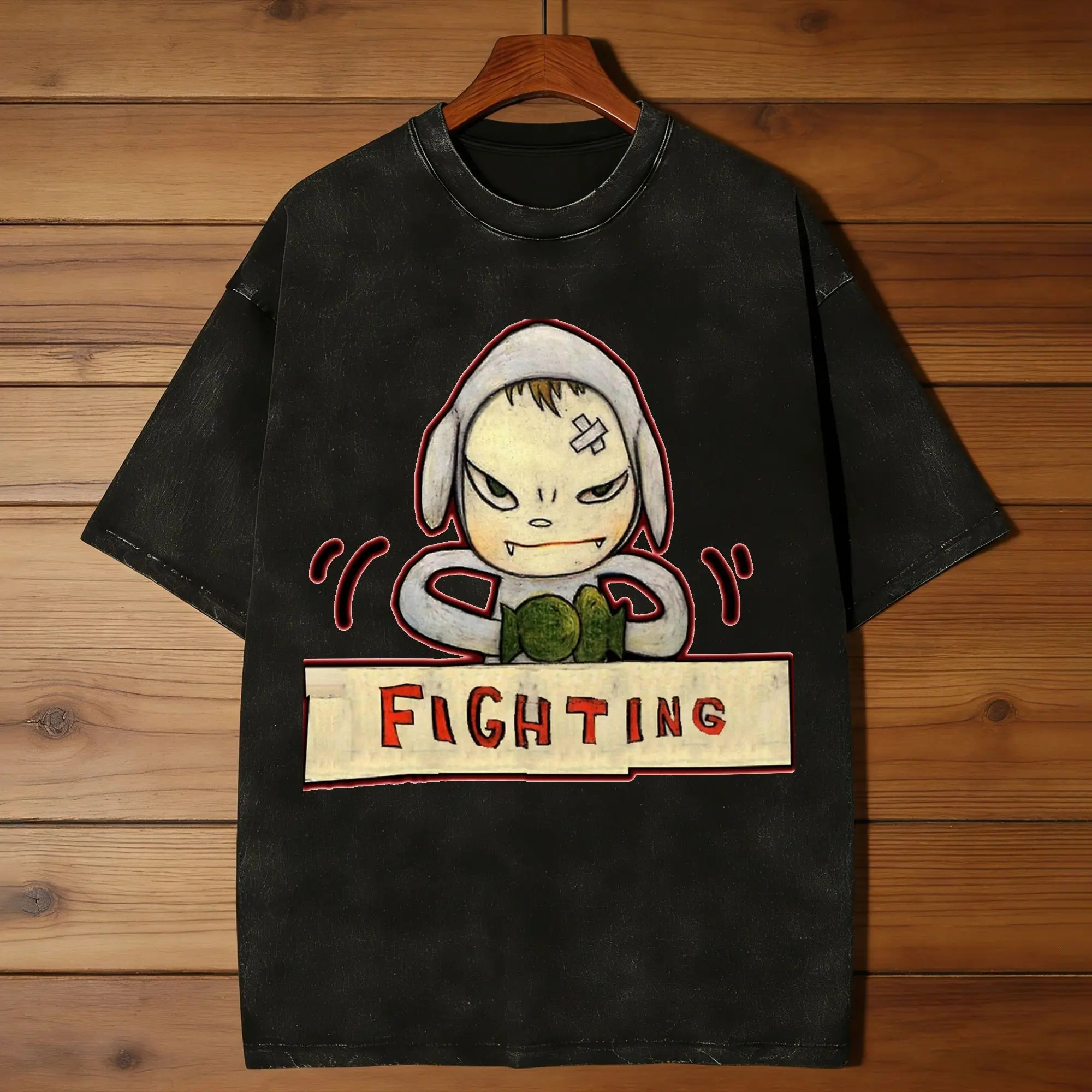 yoshitomo nara. Fighting ! we are punks Men's T Shirt Washed  Tee Shirt Short Sleeve Round Collar T-Shirts Cotton Summer Clothes