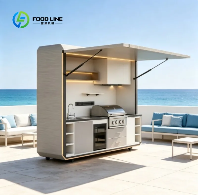 Luxury Stainless Steel Outdoor Kitchen Cabinet with BBQ Grill LED Canopy and Storage for Villa Resort Seaside Terrace