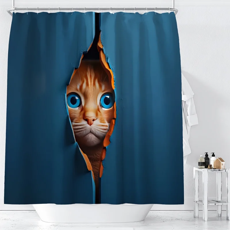 Vibrant Orange Cat Pattern Shower Curtain - Waterproof, Machine Washable, Mildew Resistant, Easy to Clean, with Rust-Proof Hooks