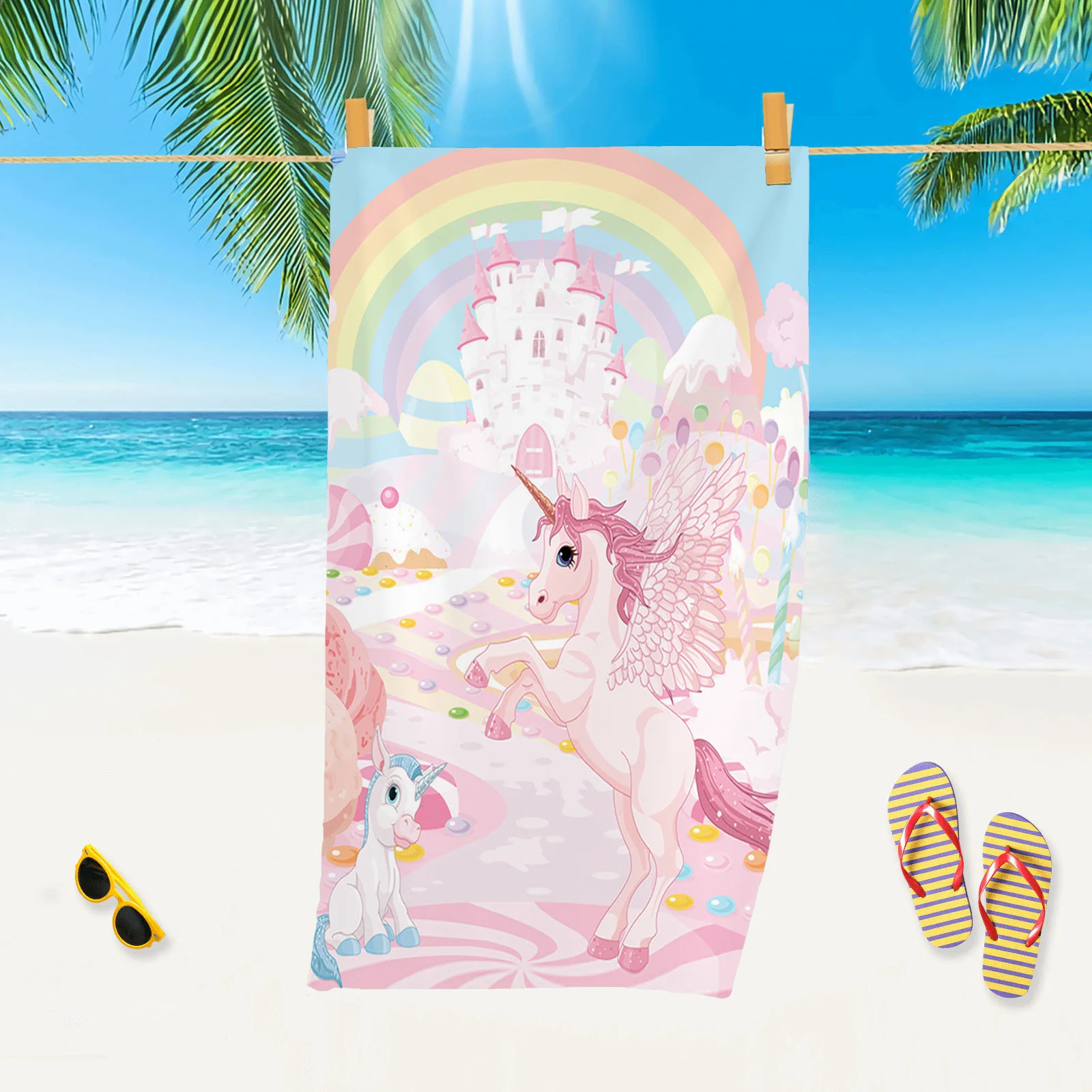 Kids Unicorn Beach Towel Microfiber Quick Dry Soft Bath Towel for Girls Rainbow Castle Print Absorbent Towel for Swimming Pool