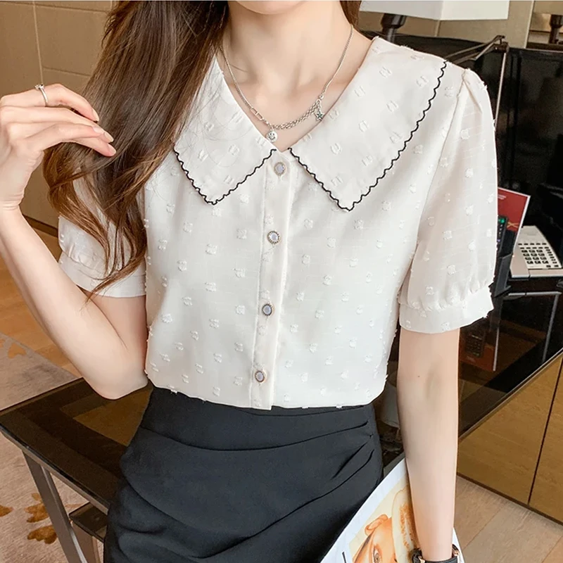 Short Sleeve Blouse Women Blusas Mujer De Moda 2024 Verano Doll Collar Chiffon Blouse Shirt Women Tops Shirts Blouses Femme F442