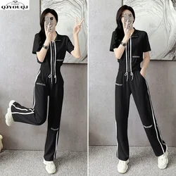 Leisure Sports Women's Set Summer 2024 New Fashionable Wide Leg Pants Age Reducing Advanced Fashion Two Piece Set