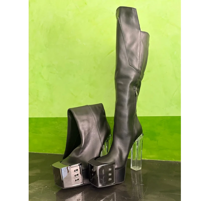Metal Toe Transparent Heel Knee High Boots Woman Winter 2026 Square Toe Side Zipper High Heel Rider Boots Women's Shoes