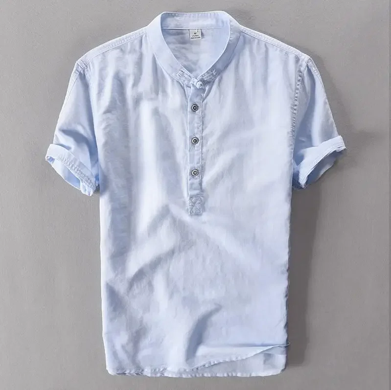 Mens Pullover Linen Shirts Short Sleeve Mens Quality Casual Shirts Slim fit Solid Mandarin Collar Cotton Shirts Men TS-155