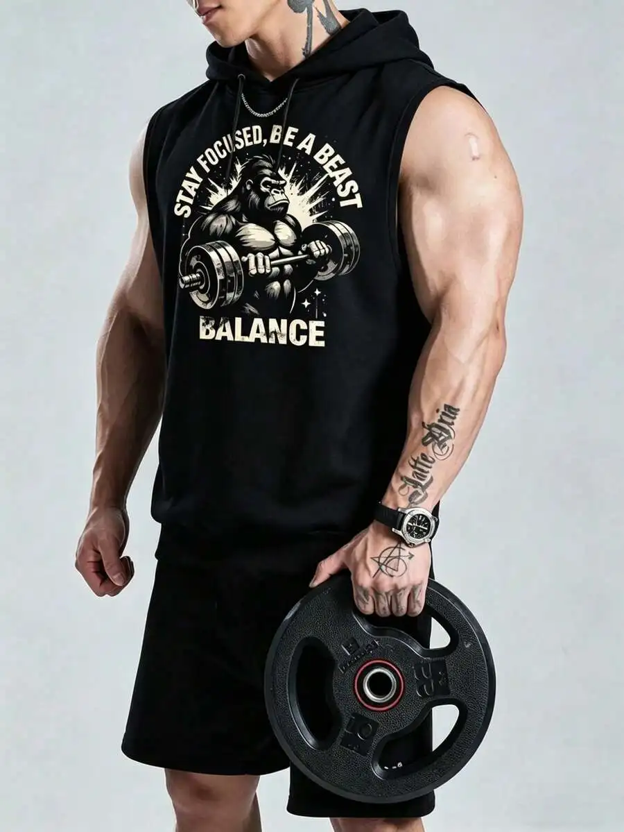 Mens Sleeveless Hooded Vest With Graphic Print Casual Summer Top