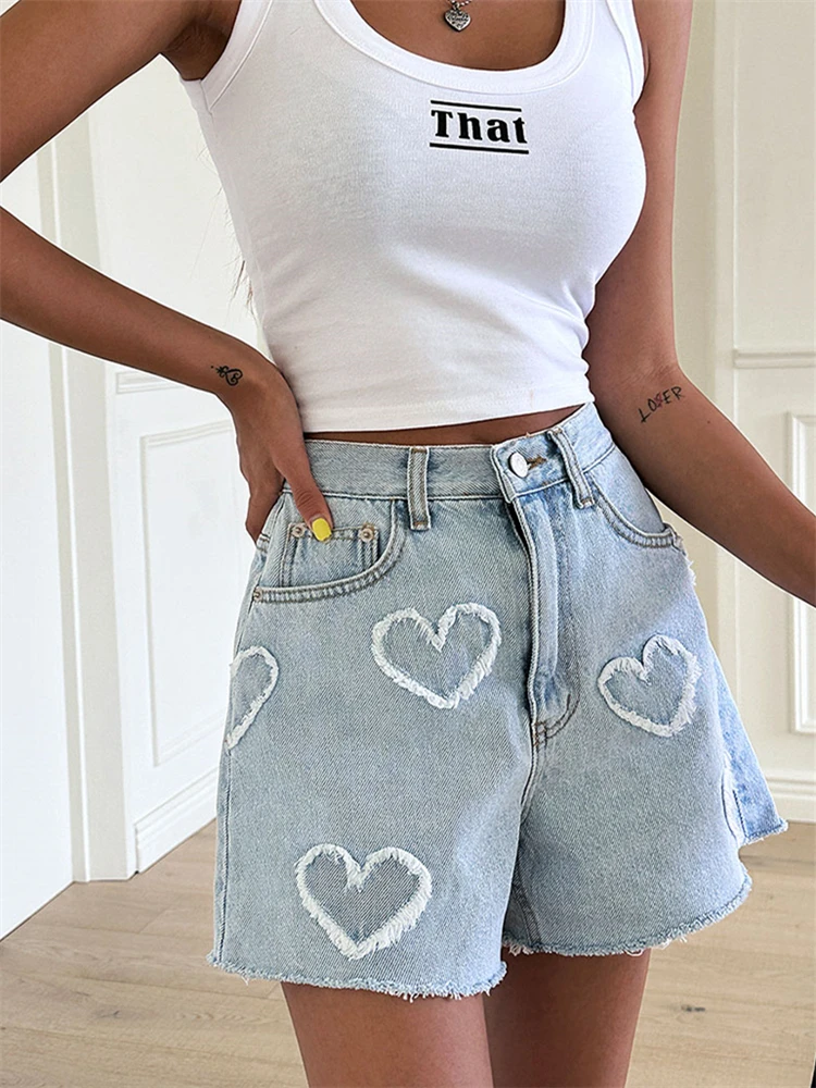 REALEFT High Waist Washed LOVE Printed Women\'s Denim Shorts 2023 New Spring Summer Casual Jeans Chic Straight Pants Female