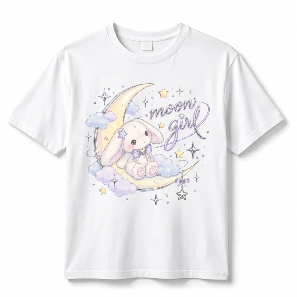 100% Pure Cotton Moon Girl Kawaii Bunny On Crescent Moon Graphic T Shirt Women Pastel Cute Tee For Daily Casual Summer Wear