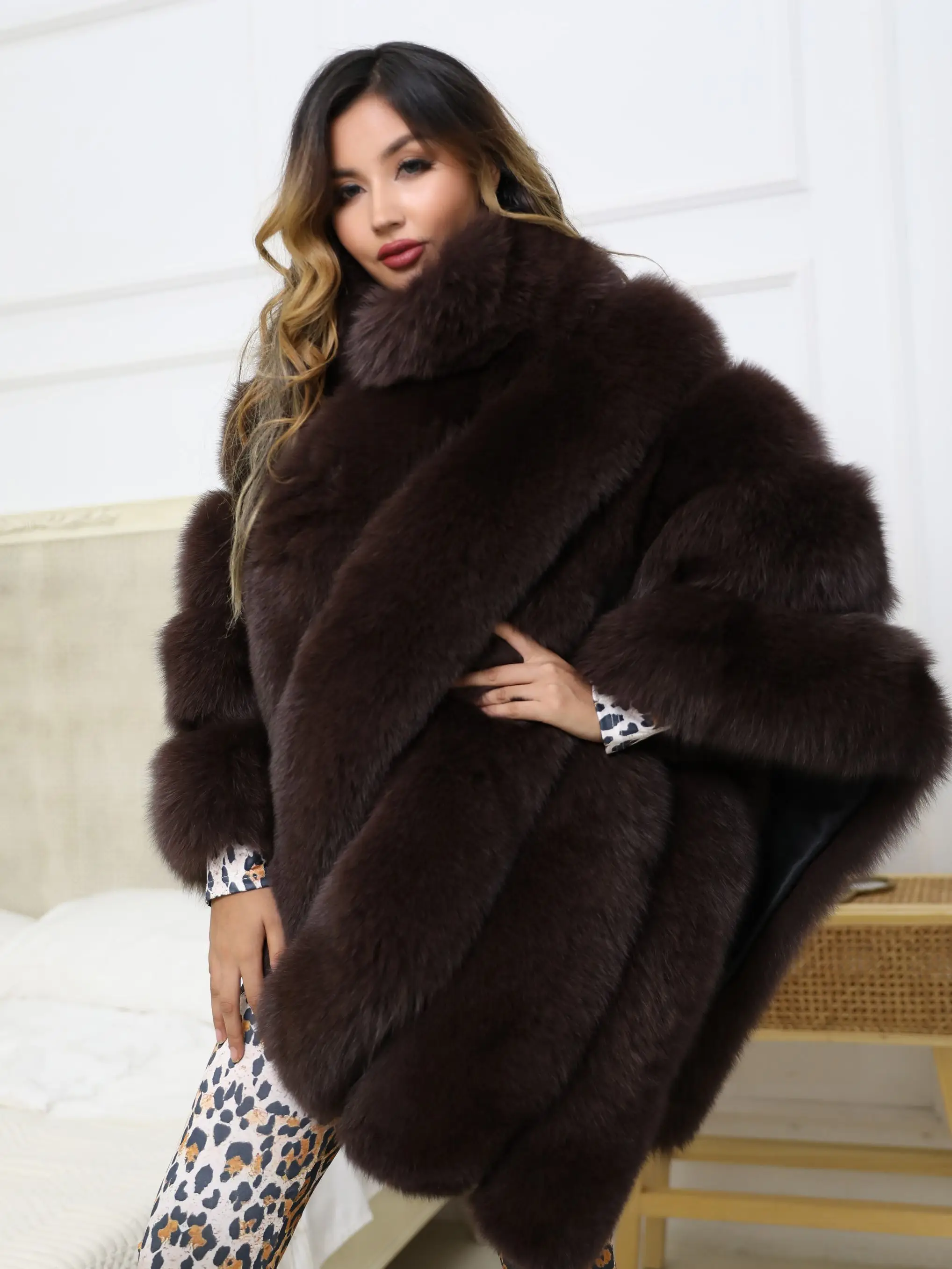 JANEFUR-Poncho de piel de zorro para mujer, abrigo de piel Real de lujo, Jersey largo suelto, ropa de abrigo elegante para mujer, venta al por
