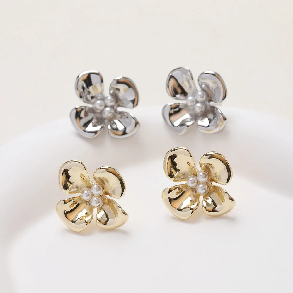 2PCS Brass Flower Ear Studs 14K Gold Plated Jewelry Making Supplies Earrings DIY Pearl Material Accessories