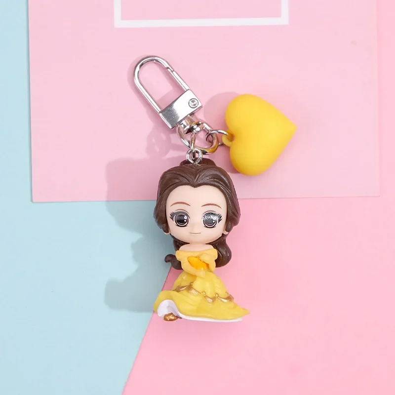 Disney Princess Anime Figure Snow White Ariel Cinderella Rapunzel Aurora Belle Keychain Bag Keyring Children\'s Toy Birthday Gift