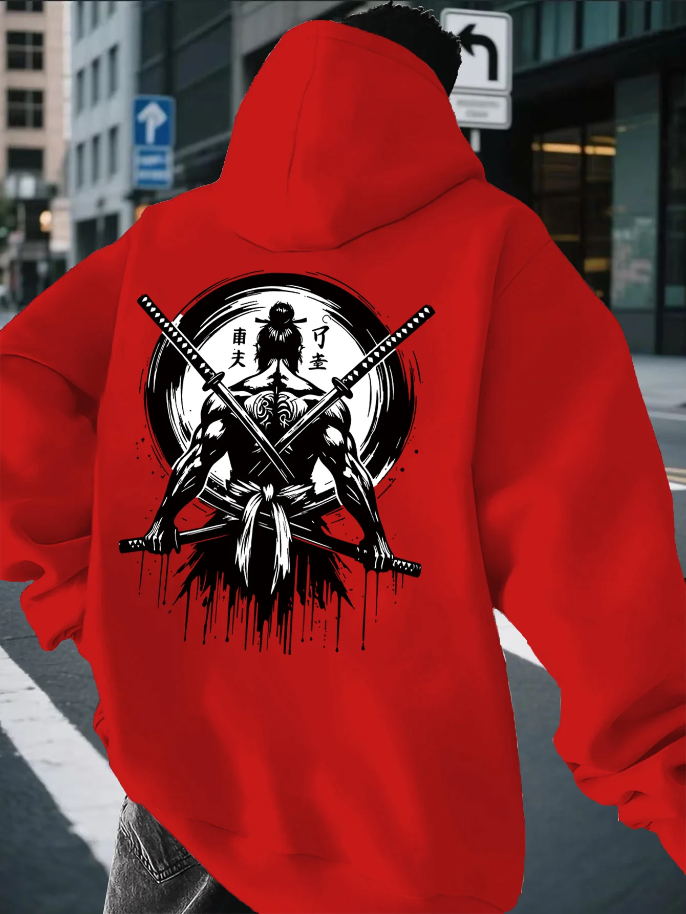 Japanese samurai ronin pattern men's hooded shirt. Loose, hip-hop, street style casual and fashionable long-sleeved shirt.
