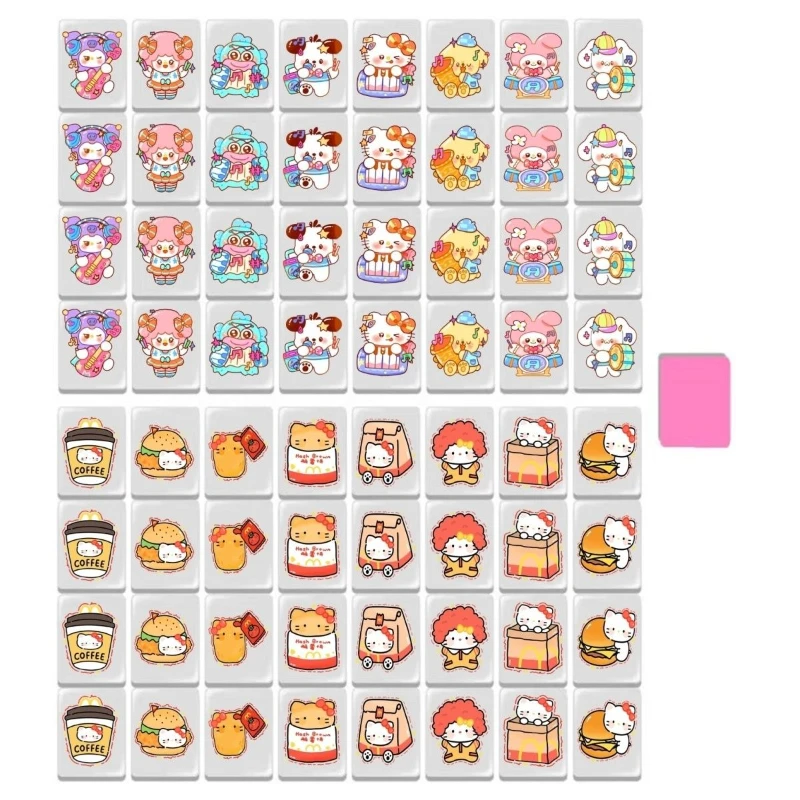 

64+1 Blocks All Types 30mm Seaside Escape Mahjong Game Set Sanrio HelloKitty Hamburger Mahjong Tile Tiktok Funny Board Game Toys