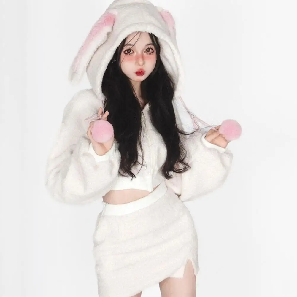 Women Hoodie Skirt Suit Bunny Ear for Plush Cosplay Outfit with High Waist Mini Skir 2 piece Set Fashionable