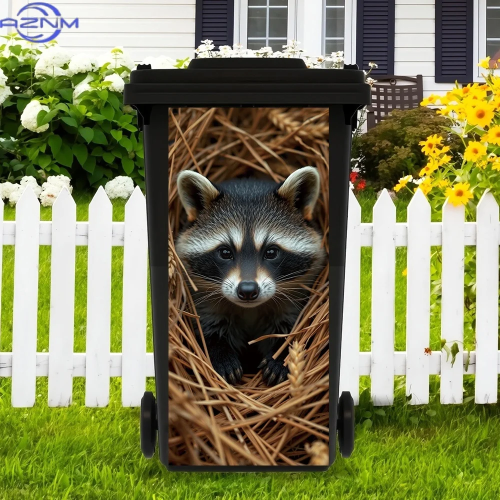 1pc, Little Raccoon in the Grass Nest Theme, Trash Can Sticker, Self-Adhesive PVC Decal, Waterproof for Outdoor Use, Suitable view 3