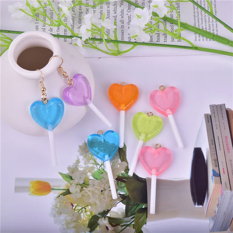 Mix 10pcs/pack Bling Glitter Heart  Lollipop Resin Charms  for Earring Keychain Jewelry Making 47*22mm