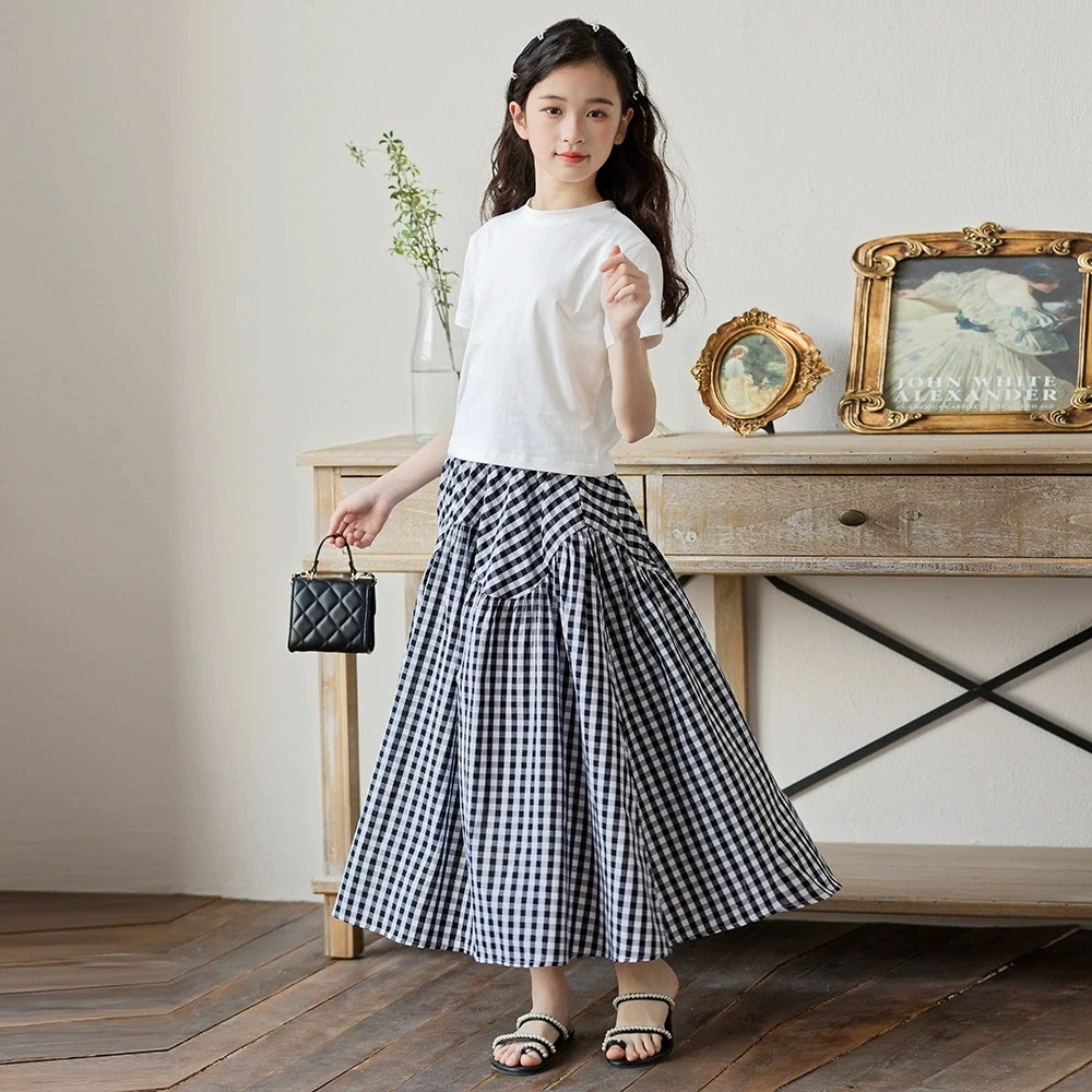Girls Plaid Lace Skirt 2025 Spring Autumn New Girls Fashion Plaid Skirt Versatile A-linen Cotton Skirt