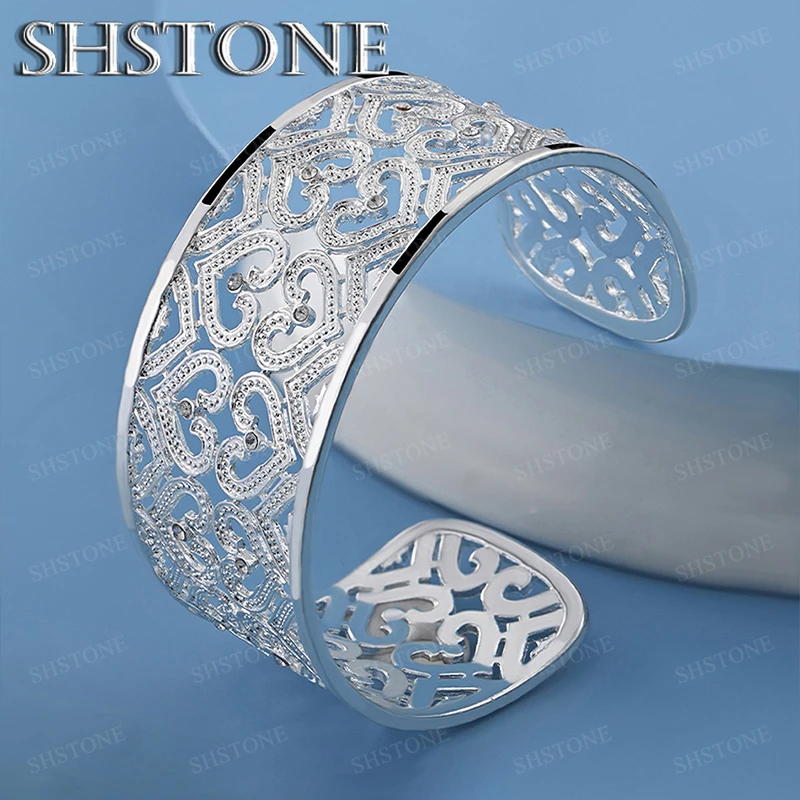 

Retro Exquisite Zircon Jewelry 925 Sterling Silver Hollow Carving Heart Opening Bangle Women Birthday Gift Holiday Party Gift