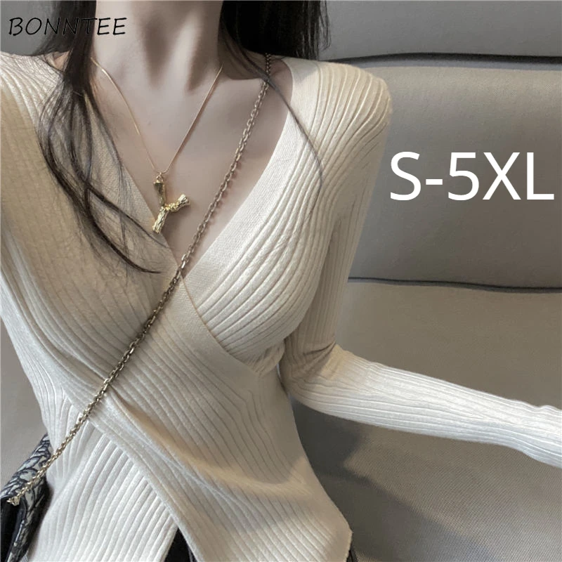 Pullovers Women Long Sleeve Knitted V-neck Basic Solid Slim Sexy Graceful Chic Autumn Winter Female All-match Korean Attractive