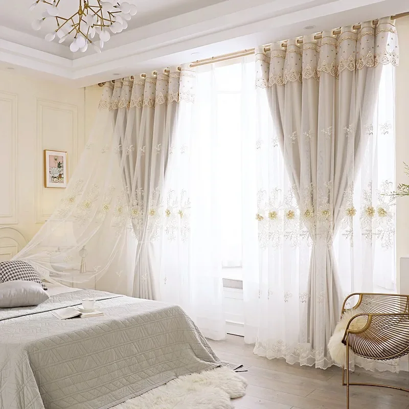 Luxury Curtains for Living Dining Room Bedroom High-grade Simple Embossed Embroidery Fabric Gauze Double-layer Villa Custom Size