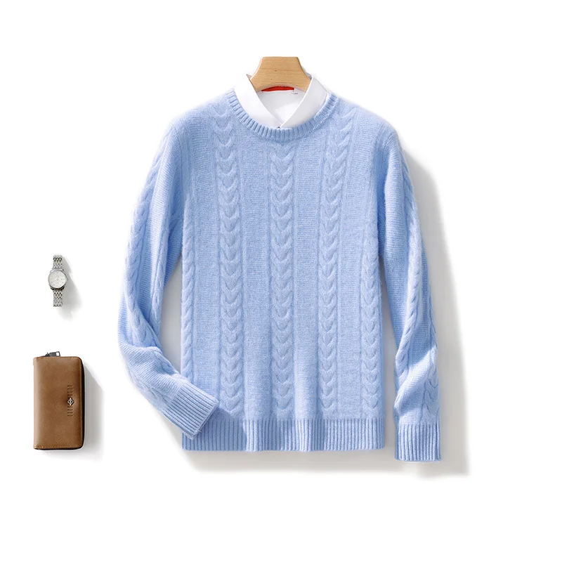 

Autumn Winter 100% Merino Wool New Men's O-Neck Plaited Sweater Pullover Cashmere Casual Solid Color Long Sleeves Clothing Top