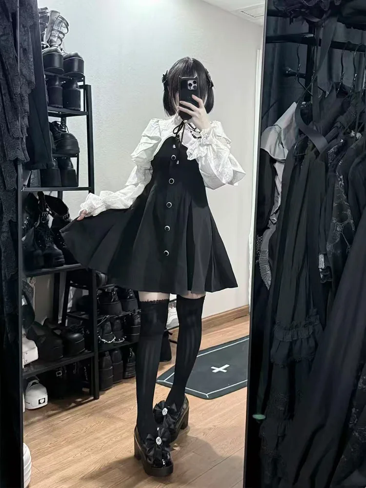 النمط الياباني Kawaii كشكش فستان قصير المرأة جميل الدانتيل تصميم جديد أسود أزياء من الدانتل الربط فو قطعتين فساتين حلوة