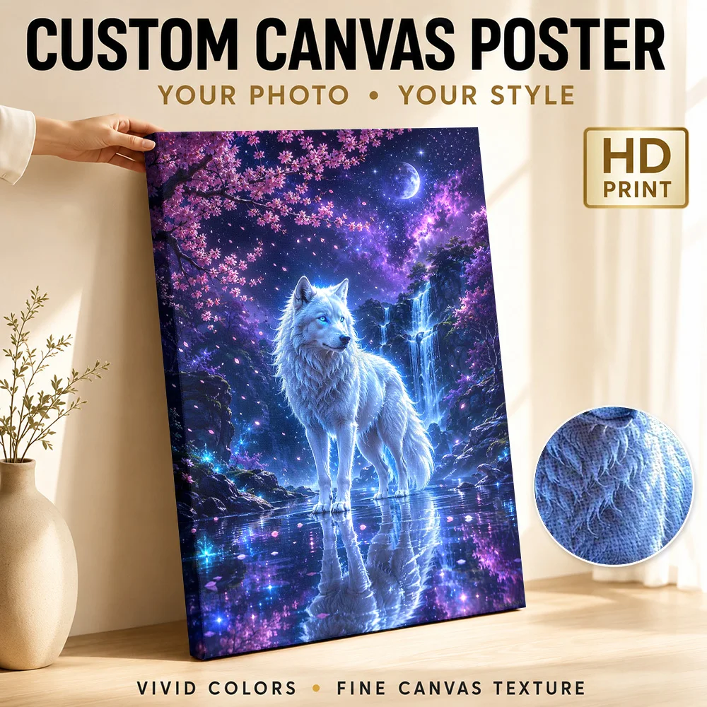 White Wolf Enchanted Forest Canvas Print With Wooden Frame Personalized Photo Vivid Celestial Colors Wall Art For Living Room