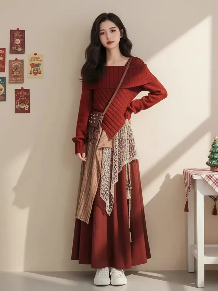 Set di pezzi di maglietta rossa casual lavorata a maglia per le donne, anti-età, dimagrante, per il tempo libero, gonna, pantaloni, tenda, set per il conto alla rovescia di Capodanno