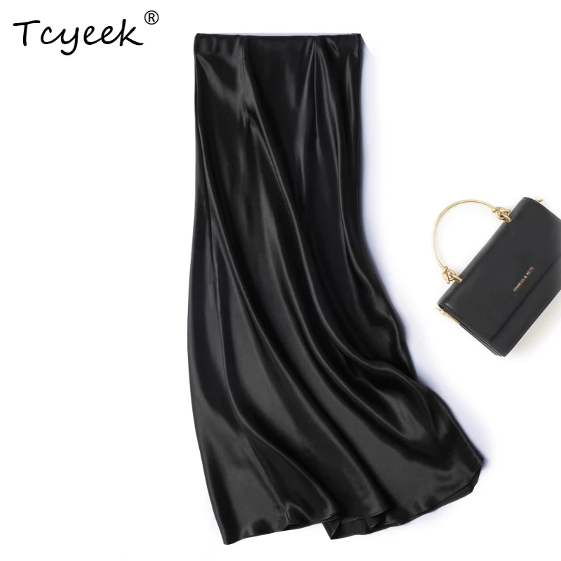 

Tcyeek 100% Mulberry Silk Summer Thin A-line Slimming Solid Color Fish Tail Wrapped Buttocks Long Women's Skirt Юбка Женская