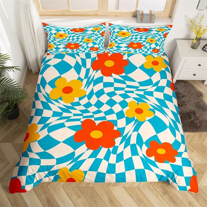 Retro 70S King Duvet Cover Microfiber 3D Abstract Geometry Comforter Cover With Pillowcase Mid Century Exotic Floral Bedding Set