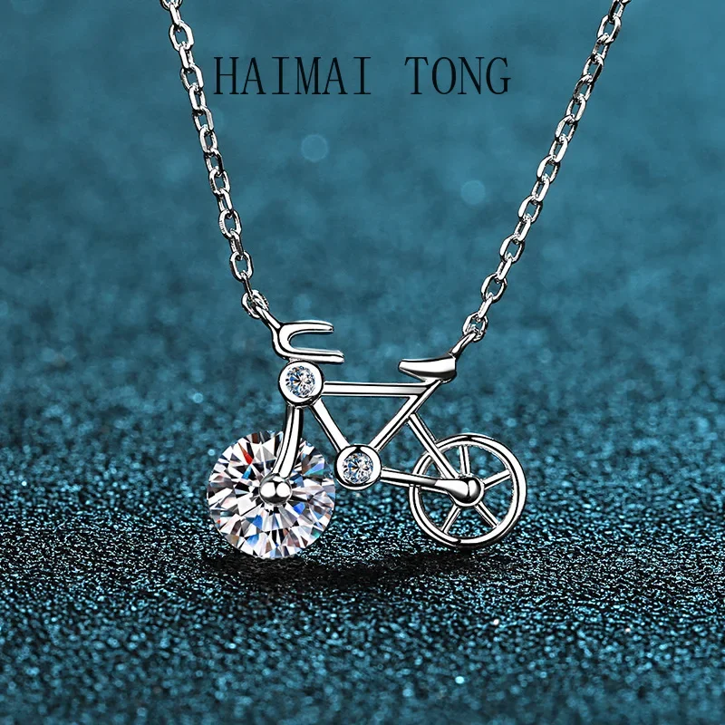 

HAIMAITONG Moissanite Necklace for women Simple cute bike choker PT950 Platinum gift