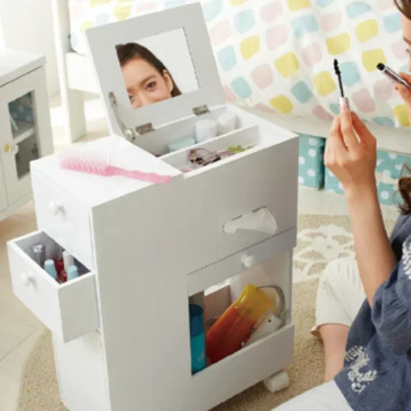 Movable Makeup Table Simple Dressing Table with Drawer & Makeup Mirror Space-saving Storage Cabinet Bedside Table for Bedroom