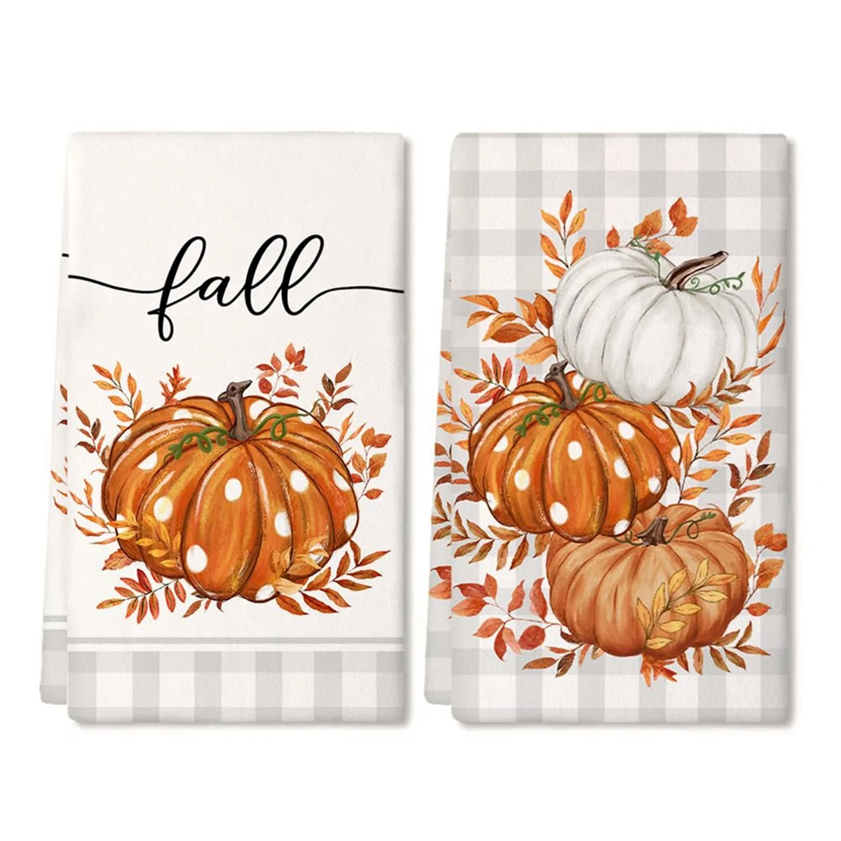 

2PCS Fall Kitchen Towels Set of 2, Orange Pumpkin Grey Check Autumn Dish Towels Drying Dishcloth