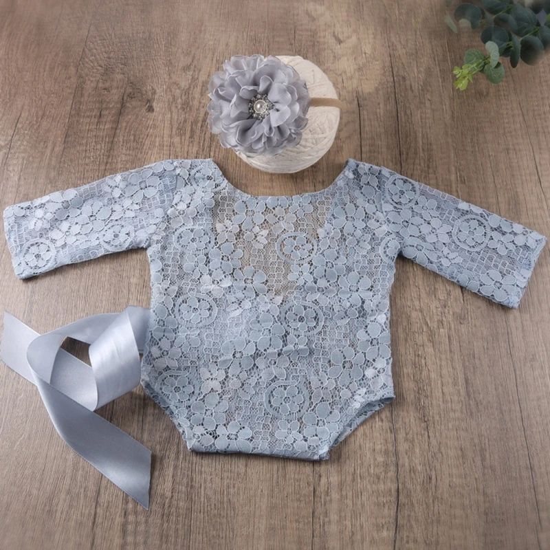 2 Pcs Lace Jumpsuit Bodysuit Floral Hairband Newborn Photography Props Baby Boys Girls Lace Romper Flower Headband Set W3JF