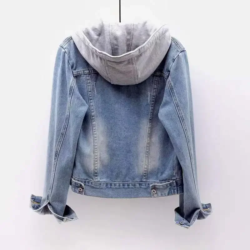 Spring Autumn Women Denim Jacket 2026 Single Breasted Patchwork Hooded Crop Coats Korean Fashion Casual Streeetwear Outerwear