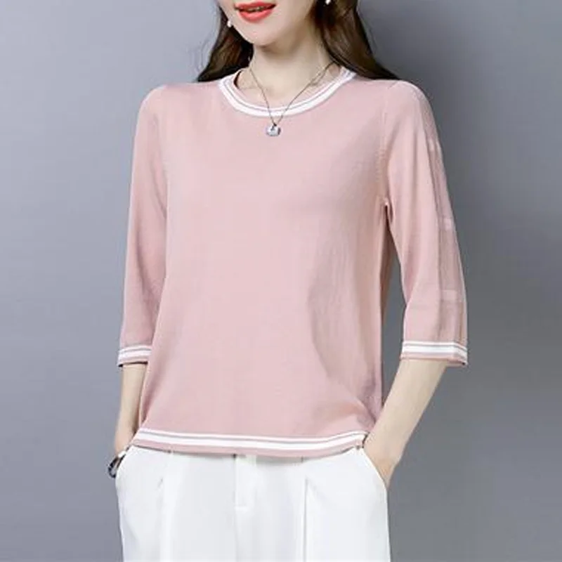 2023 Summer Fashionable Temperament Commuting Simple Round Neck Hollowed Out Three Quarter Versatile Casual Solid Color T-shirt