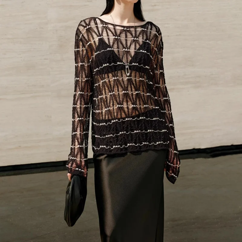 

232, осенняя новая женская трикотажная рубашка с круглым вырезом и цветочным крючком в полоску с длинными рукавами y2k, модный свободный повседневный топ высокого качества