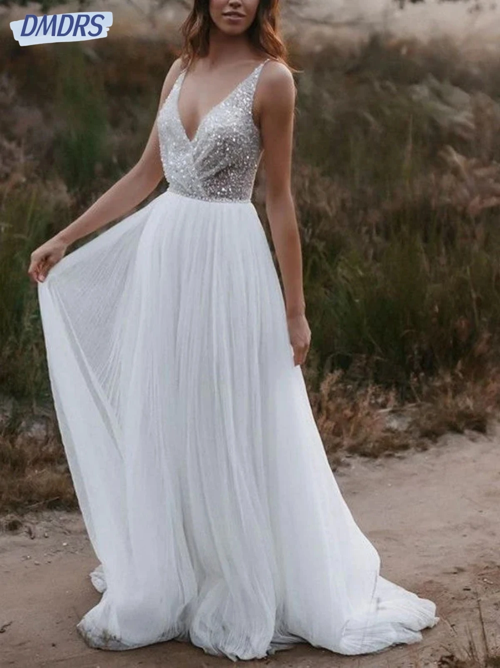 Sexy Deep V-neck Wedding Dresses Sparkly A-line Dress For Bride Backless Tulle Floor-length Bridal Gown Vestido De Novia